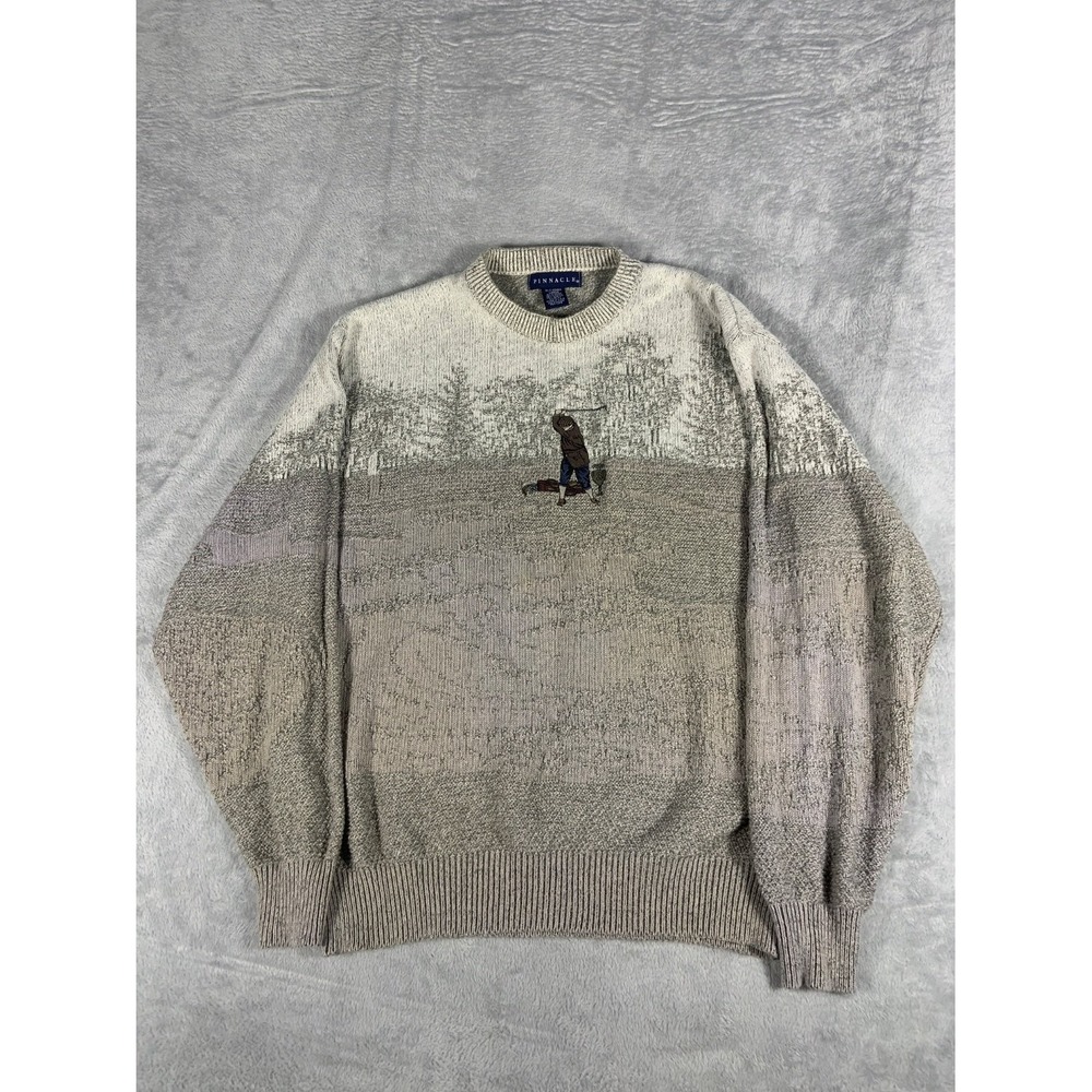Pinnacle Golf Sweater 1990s Mens L Beige Geometric Classic Fit Embroidered